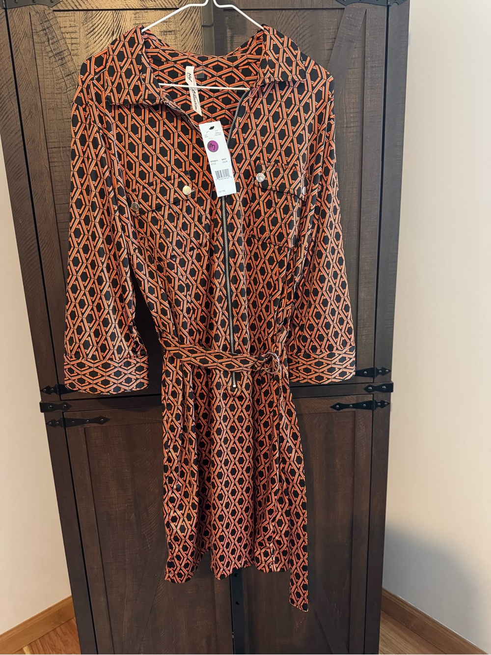 NY Collection Orange and Black Geometric Midi Dress